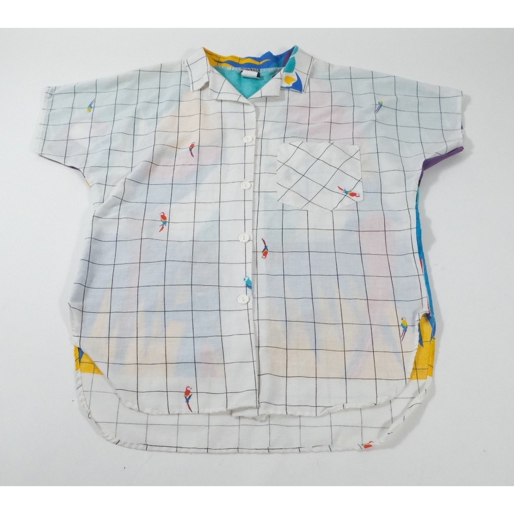 Rio Blouse Shirt Womens Med White Parrot Vintage 80s Grid Tropical Button Up Top